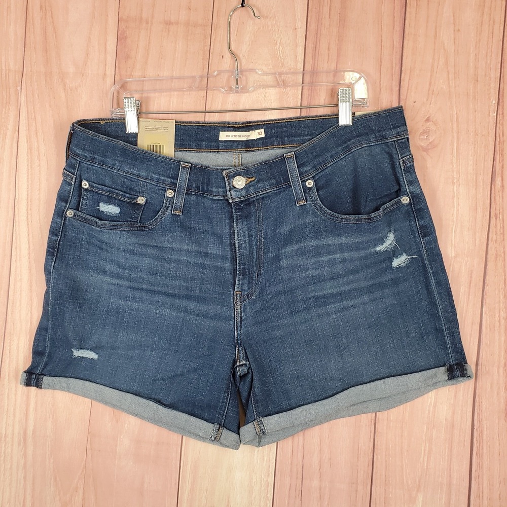 Levi's Hawaii Ocean Mid Length Denim Shorts Womens Sz 16 / 33 Distressed NEW NWT